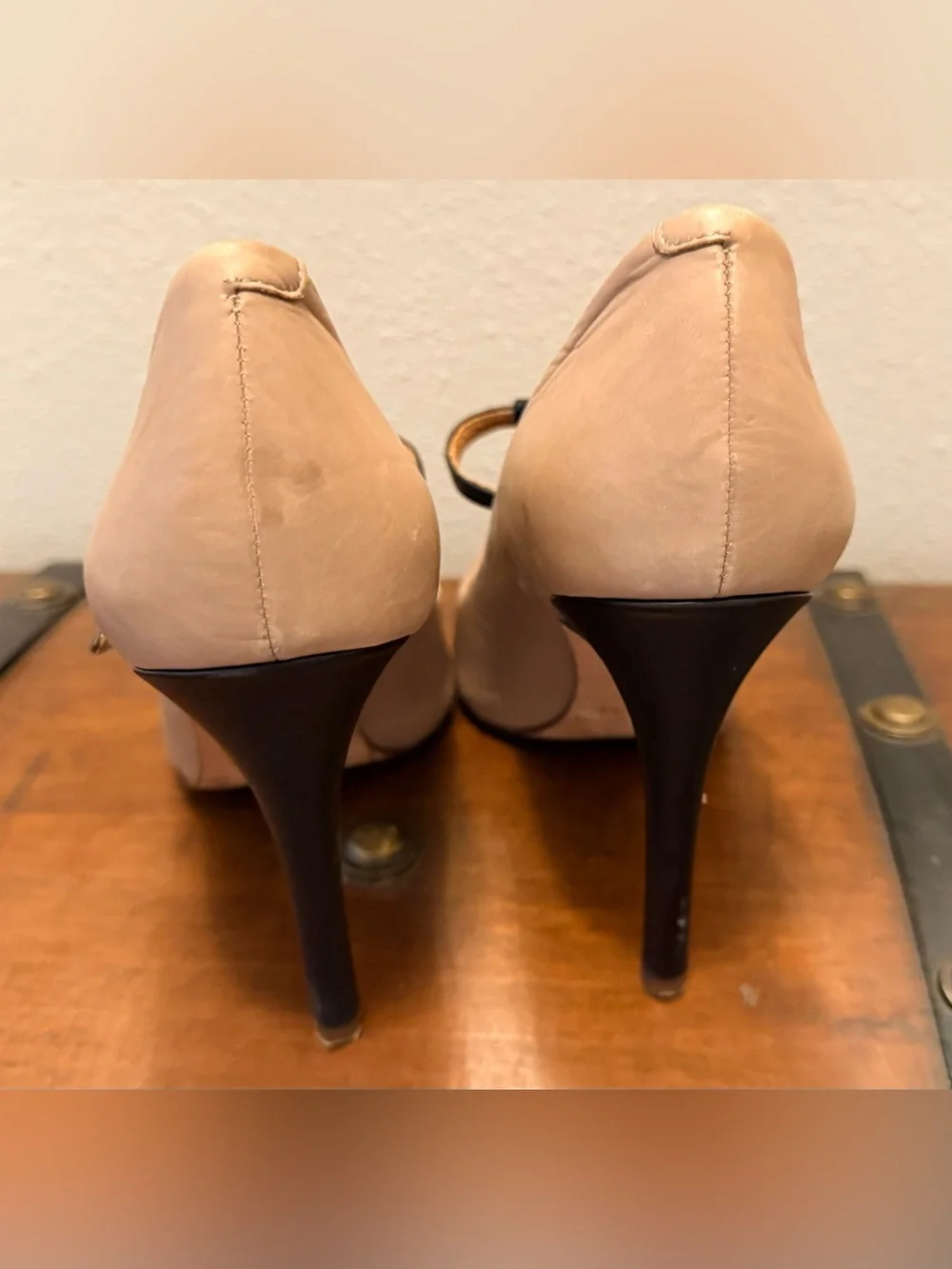 Coach Nude Pointed-Toe T-Strap Pumps with Black Straps